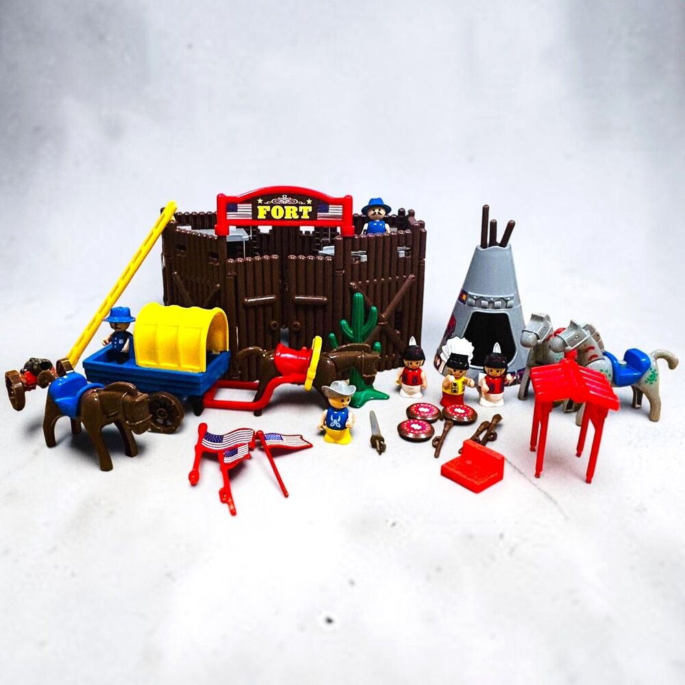 Vintage Lil Playmates Western Fort Playset Horses Cowboys Indians Wagon